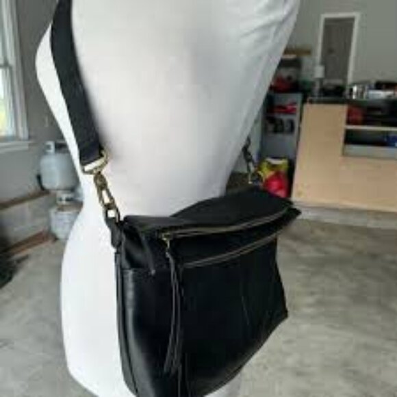 Margot Black Soft Cowhide Foldover Crossover Bag with gold accents EUC‎ - Picture 1 of 9